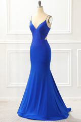 Evening Dress For Wedding, Mermaid Royal Blue Satin Glitter Prom Dress with Beading