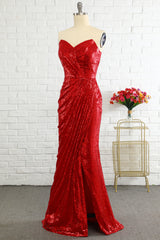 Prom Dresses Ball Gown Style, Sheath Sweetheart Red Sequins Prom Dress with Sequins