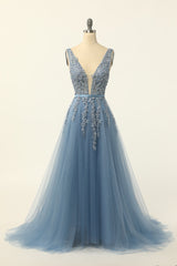 Homecomeing Dresses Black, Blue Tulle Prom Dress with Appliques