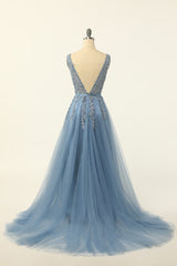 Homecomming Dresses Black, Blue Tulle Prom Dress with Appliques