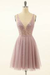 Light Blue Prom Dress, Blush Tulle & Sequins Cute Homecoming Dress