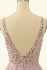 Semi Formal Dress, Blush Tulle & Sequins Cute Homecoming Dress