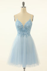 Evening Dress, Blue A-line Cute Homecoming Dress with Appliques