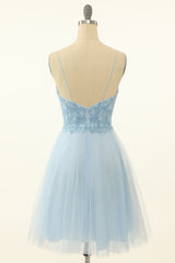 Corset Dress, Blue A-line Cute Homecoming Dress with Appliques