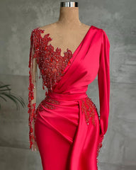 Evening Dresses And Gowns, Gorgeous Red Long Sleeve Mermaid Evening Dress Lace Appliques Prom Gown Ruffles