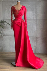 Evening Dresses Prom, Gorgeous Red Long Sleeve Mermaid Evening Dress Lace Appliques Prom Gown Ruffles