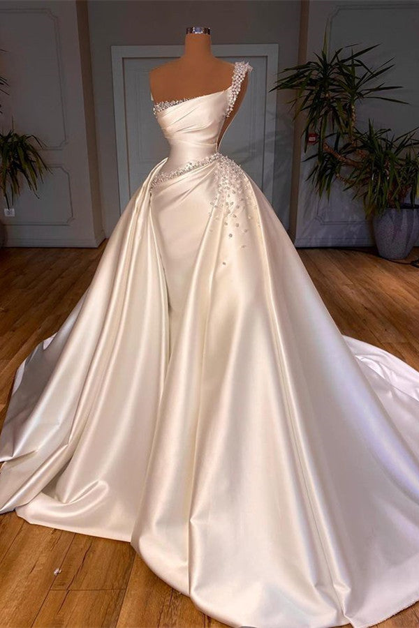 Wedding Dresses Boho, Glamorous One Shoulder Pearl Wedding Dress Overskirt Bridal Gowns On Sale