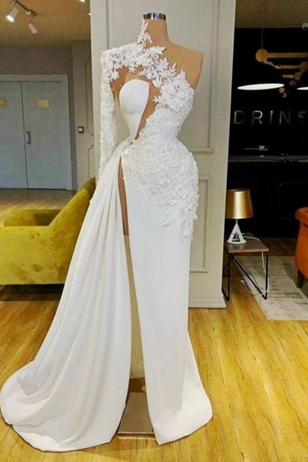 Evening Dress Classy, Gorgeous One Shoulder Long Sleeve Prom Dress With Lace Appliques Side Slit