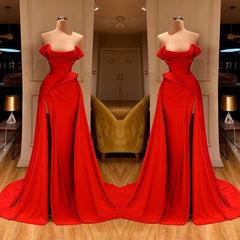Evening Dresses Open Back, Sexy Red Off-the-Shoulder Long Prom Dress With Split Online