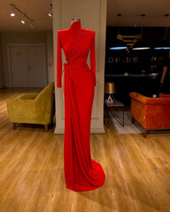 Evening Dresses For Over 61, Glamorous High Neck Long Sleeve Red Prom Dress Long With Split