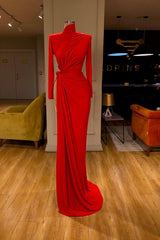 Evening Dresses Knee Length, Glamorous High Neck Long Sleeve Red Prom Dress Long With Split