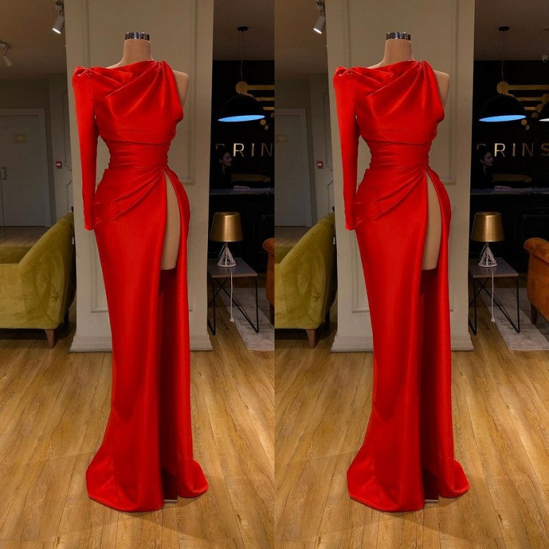 Evening Dress With Sleeves Uk, One-shoulder Long sleeves High-split Soft pleated Red Prom Dress