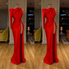 Evening Dress With Sleeves Uk, One-shoulder Long sleeves High-split Soft pleated Red Prom Dress