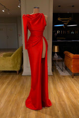 Evening Dresses For Over 61S, One-shoulder Long sleeves High-split Soft pleated Red Prom Dress