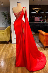 Evening Dress Shops, Unique Red Stones Sleeveless High split mermaid Evening Dress