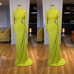 Evening Dresses For Party, Ginger yellow High-neck Long-sleeves Metallic Beaded Mermaid Prom Dress