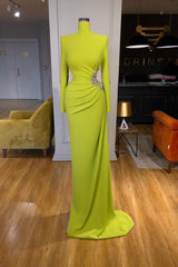 Evening Dress Stunning, Ginger yellow High-neck Long-sleeves Metallic Beaded Mermaid Prom Dress