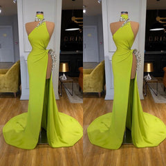 Evening Dresses With Sleeves, Unique Ginger yellow Triangle Neck Sexy high side-cut Long Evening Dress