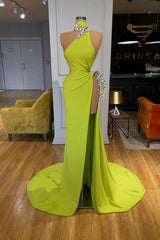 Evening Dress Formal, Unique Ginger yellow Triangle Neck Sexy high side-cut Long Evening Dress