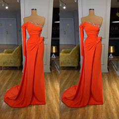 Evening Dress Prom, Long sleeves Strapless Orange Sequined Long Prom Dress