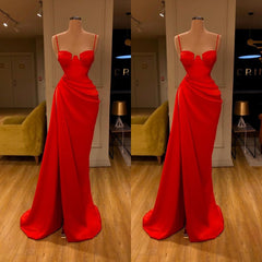 Evening Dress Long, Gorgeous Spaghetti Strap Unique Round Cup High split Red Prom Dress