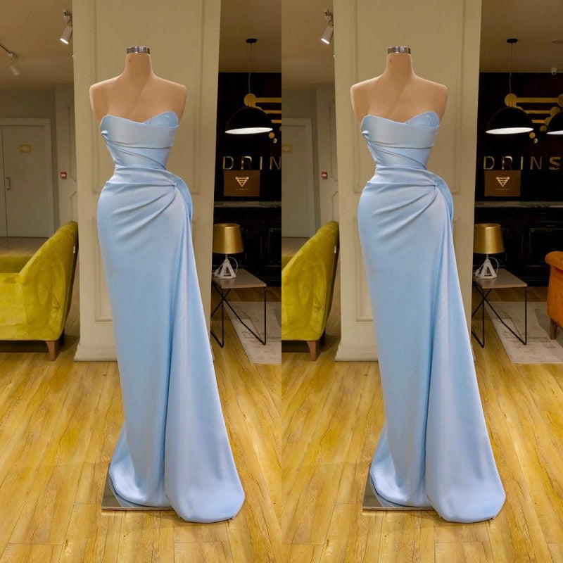 Evening Dress For Wedding Guest, Unique Cross Sweetheart Light Blue Soft-pleated Long Prom Dress