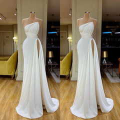 Evening Dresses 11, Strapless Creamy White High-split Pleated Long Prom Dress