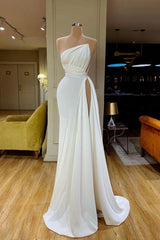 Evening Dresses Gold, Strapless Creamy White High-split Pleated Long Prom Dress