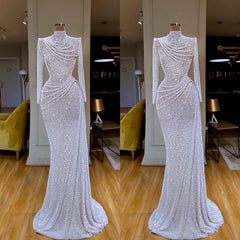Evening Dresses 2033, Sparkle White Sequin Long sleeves Pleated Long Prom Dress
