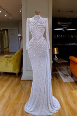 Evening Dresses Classy, Sparkle White Sequin Long sleeves Pleated Long Prom Dress