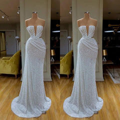 Evening Dress Shops Near Me, Plunging V-neck Sparkle White Sequined Strapless Prom Dress