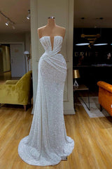 Evening Dresses Stores, Plunging V-neck Sparkle White Sequined Strapless Prom Dress