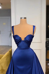 Evening Dress Knee Length, Chic Royal Blue Straps Sweetheart Prom Dress Overskirt With Detachable Train