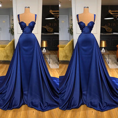 Evening Dresses For Over 51, Chic Royal Blue Straps Sweetheart Prom Dress Overskirt With Detachable Train