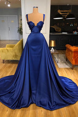Evening Dresses For Over 51S, Chic Royal Blue Straps Sweetheart Prom Dress Overskirt With Detachable Train