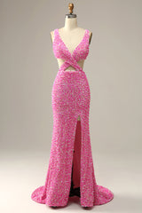 Prom Dresses For Short Girls, Fuchsia Sequined V-Neck Cut Out Prom Dress