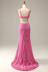 Prom Dress For Short Girl, Fuchsia Sequined V-Neck Cut Out Prom Dress