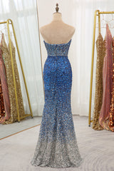 Prom Dress Burgundy, Sparkly Ombre Blue Mermaid Strapless Long Sequin Prom Dress