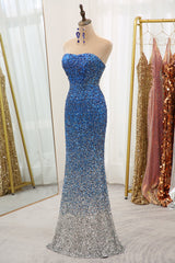 Wedding Dress, Sparkly Ombre Blue Mermaid Strapless Long Sequin Prom Dress