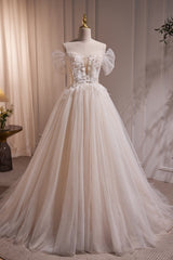 Wedding Dress Shoulders, Charming Ivory A-Line Ball Gown Tulle Long Wedding Dresses