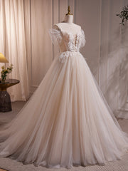 Wedding Dress Shoulder, Charming Ivory A-Line Ball Gown Tulle Long Wedding Dresses