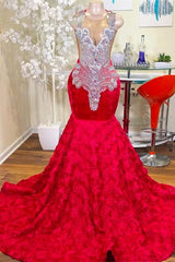 Evening Dress Online, Charming Long Mermaid Jewel Satin Beading Prom Dress Red Formal Gowns