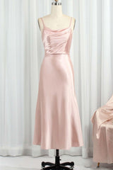 Homecoming Dresses Silk, Classic Pink Spaghetti Straps Midi Party Dresss