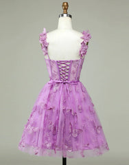 Party Dress For Summer, Cute Purple A-Line Lace Up Tulle Homecoming Dress With Appliques