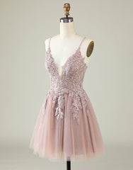 Party Dress Classy Elegant, Cute Spaghetti Straps Corset Back Blush Tulle Dress With Appliques