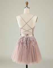 Party Dresses Night, Cute Spaghetti Straps Corset Back Blush Tulle Dress With Appliques