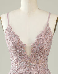 Party Dress For Night, Cute Spaghetti Straps Corset Back Blush Tulle Dress With Appliques