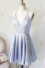 On Shoulder Dress, Cute Light Blue V Neck Satin Short Light Blue Homecoming Dresses