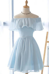 Formal Dresses 2034, Cute Light Blue Off The Shoulder Short Prom Dresses, Chiffon Homecoming Dresses