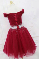 Formal Dresses Gowns, Cute Off The Shoulder Burgundy Homecoming Dresses With Tulle Short Cocktail Dresses